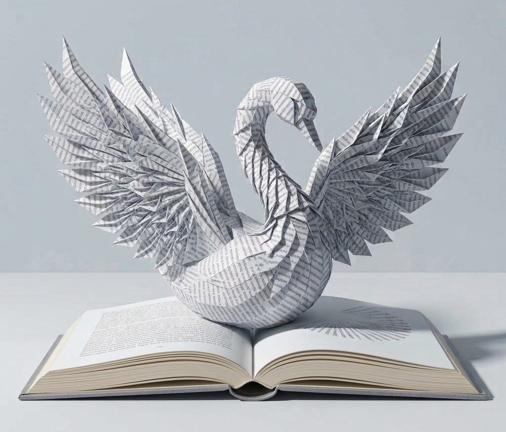 Cygne en origami plié dans des pages de livre, posé sur un livre ouvert, symbolisant la lecture comme chemin de compréhension.