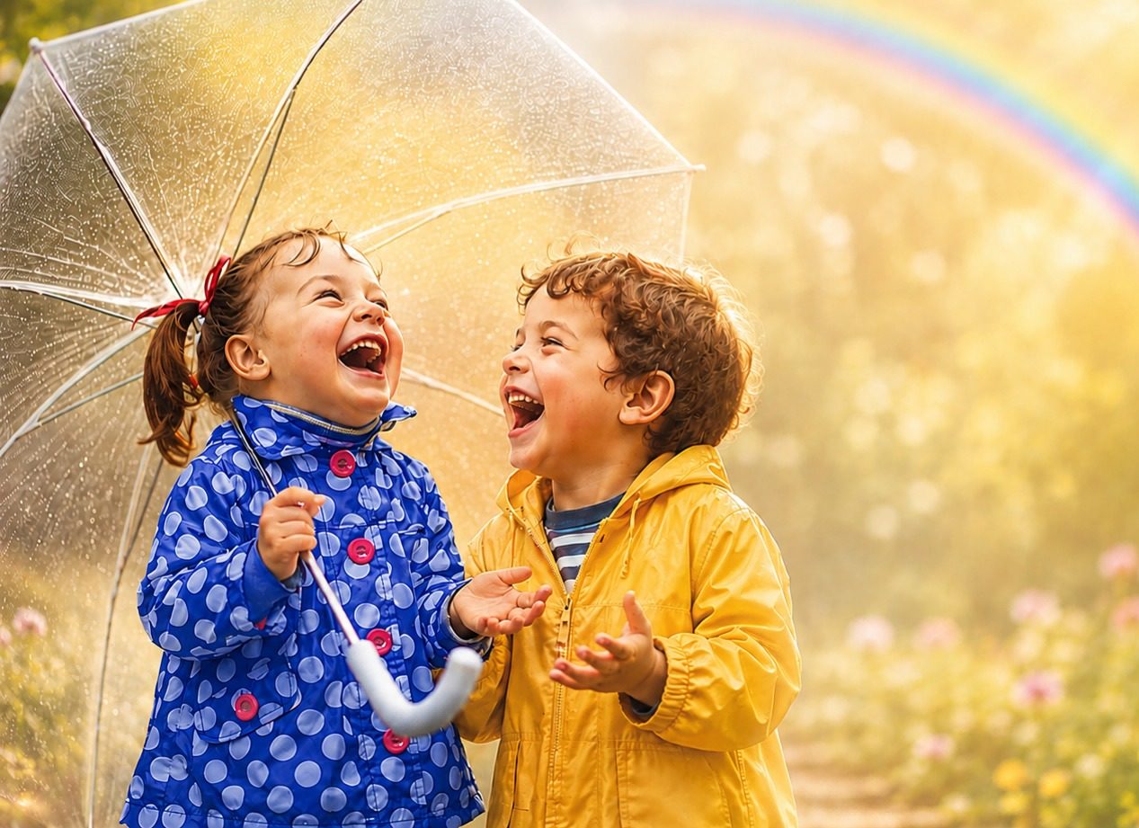 Deux jeunes enfants en cirés colorés riant aux éclats sous un parapluie transparent, avec un soleil lumineux et un arc-en-ciel en arrière-plan, symbolisant le retour de la joie, de la spontanéité et de l'élan de vie après la thérapie.