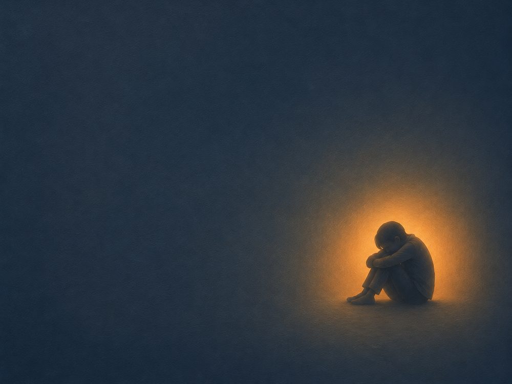 Silhouette d'une personne seule repliée sur elle-même dans une lueur orange sur un fond sombre.