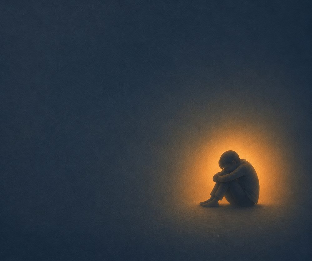 Silhouette d'une personne seule repliée sur elle-même dans une lueur orange sur un fond sombre, illustrant l'article Honte et culpabilité en thérapie du trauma.