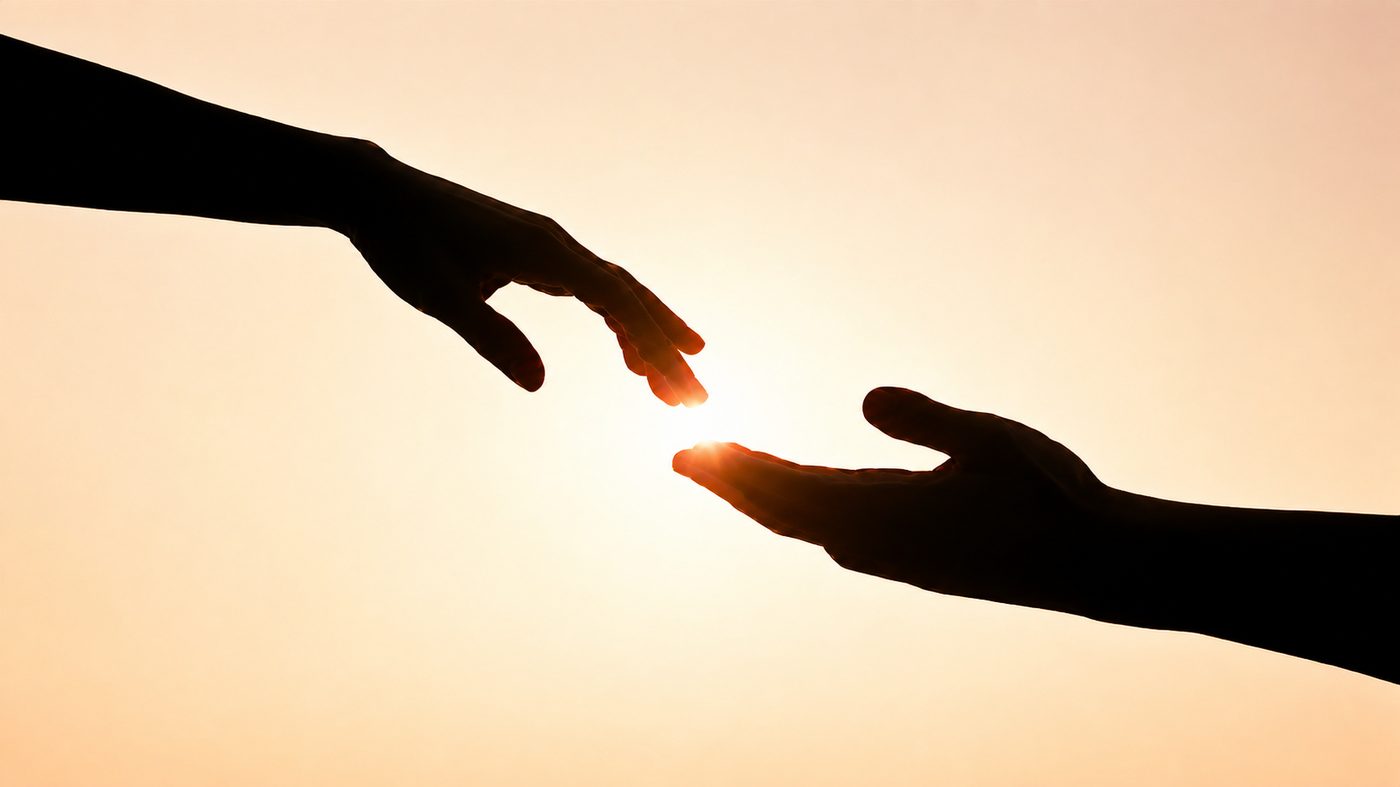 Deux mains en silhouette s'approchant l'une de l'autre sur un fond de lumière dorée et chaleureuse, symbolisant la rencontre et la création d'un lien sécure en thérapie.