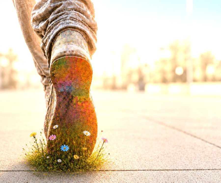 Gros plan sur le pied d'une personne qui marche, laissant une empreinte d'herbe verte et de petites fleurs colorées sur le sol, symbolisant le renouveau et le chemin de libération face au trauma.