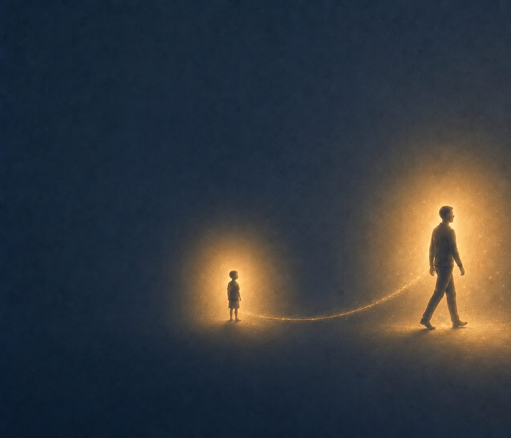 Silhouette d'un homme adulte qui marche, relié par un fil de lumière à la silhouette d'un petit enfant resté en arrière sur un fond sombre texturé.