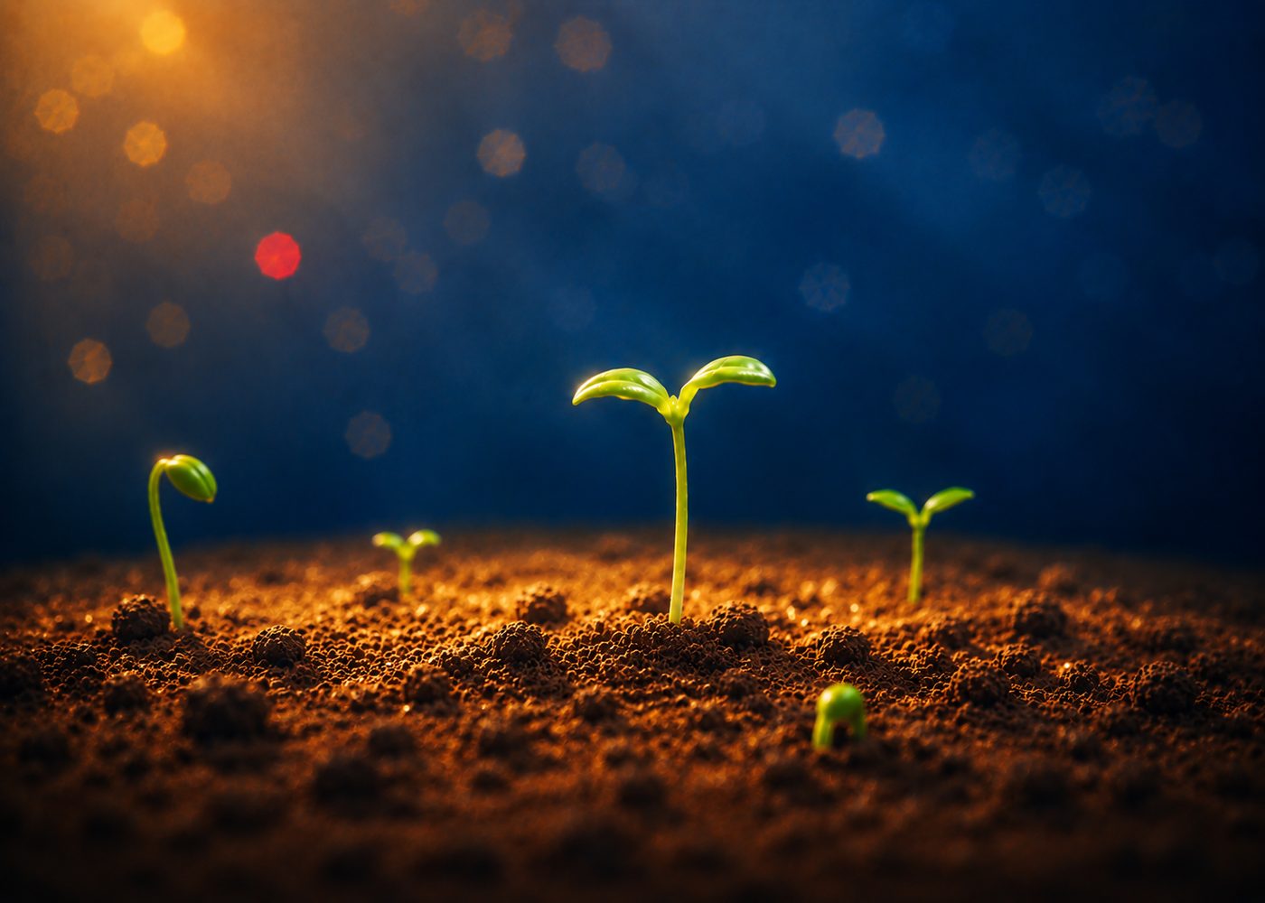 De jeunes pousses vertes sortant d'une terre fertile sous une lumière dorée, symbolisant l'exploration des mémoires précoces en sophro-analyse.