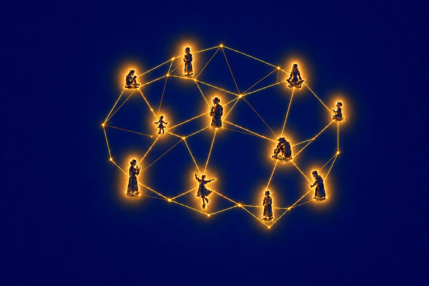 Un réseau de lignes lumineuses reliant plusieurs silhouettes humaines sur un fond bleu, symbolisant le modèle thérapeutique TIST.