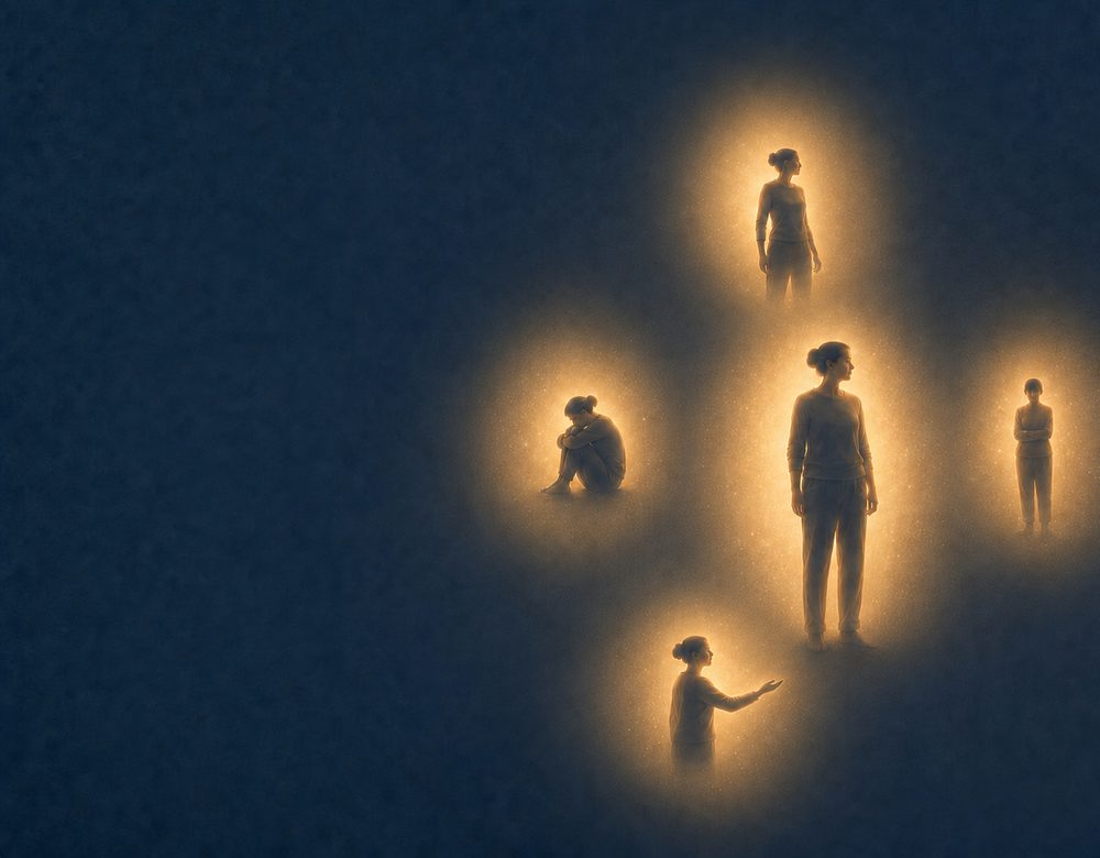 Quatre silhouettes d'une même femme dans des bulles de lumière dorée aux postures variées sur un fond sombre.