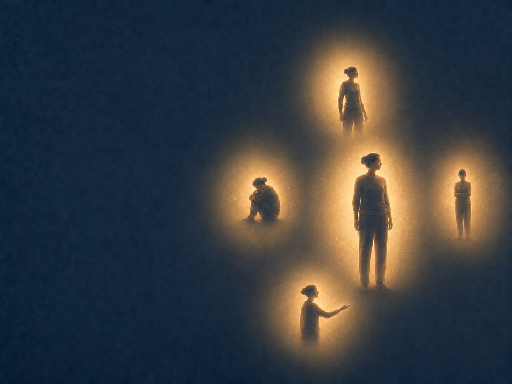 Quatre silhouettes d'une même femme dans des bulles de lumière dorée aux postures variées sur un fond sombre, illustrant l'article Quand le trauma s'exprime au présent et la multiplicité des parts de soi.
