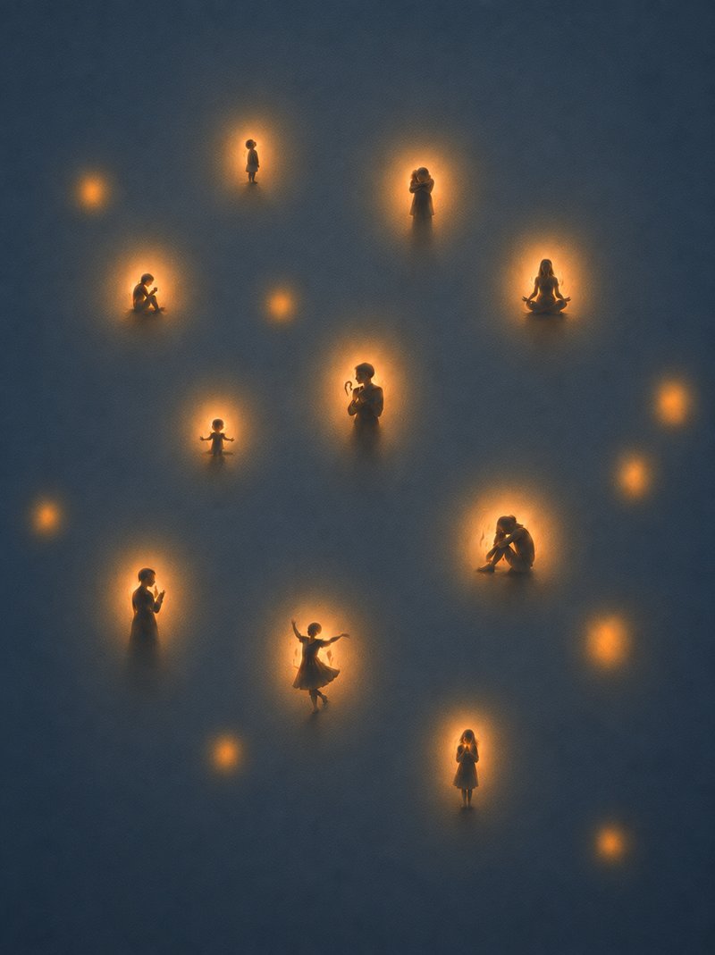 Des silhouettes de personnages aux postures variées éclairées par des lueurs orange chaleureuses dans un arrière-plan tamisé, illustrant les réponses de survie et la multiplicité psychique au cœur d'une démarche thérapeutique novatrice face au traumatisme.