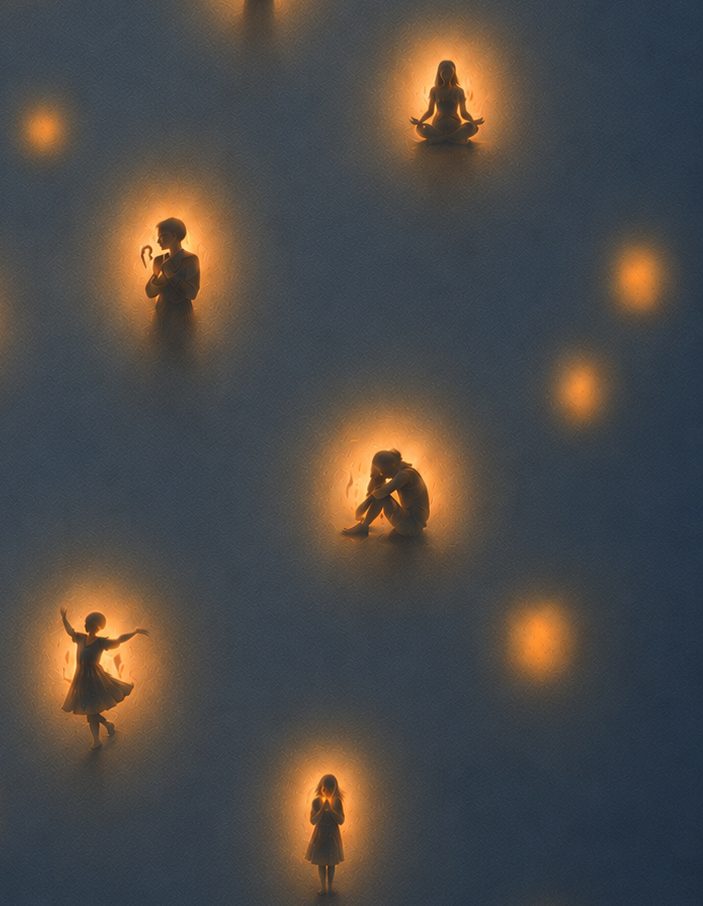 Des silhouettes de personnages aux postures variées éclairées par des lueurs orange chaleureuses dans un arrière-plan tamisé, illustrant la couverture de la série d'articles du blog Comprendre le trauma.