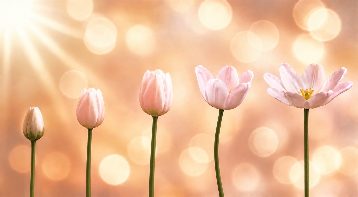 Cinq tulipes blanches montrant les étapes successives de la floraison, du bouton à l'éclosion complète, sur un fond de lumière dorée et chaleureuse pour illustrer la progression des séances.